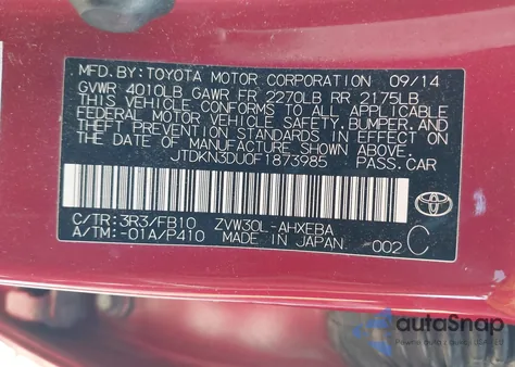 2015 Toyota Prius from USA, damaged, VIN JTDKN3DU0F1873985
